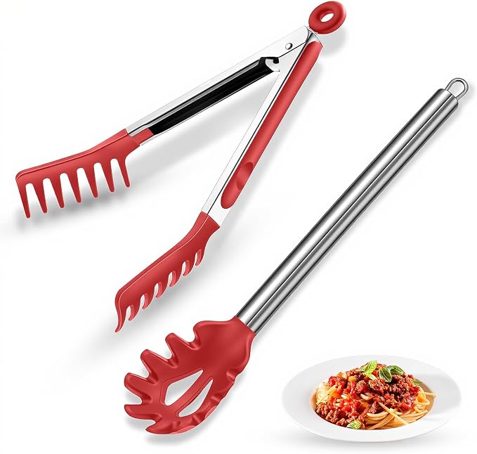 Spaghetti Spoon and Pasta Tong with Teeth and Drain Holes, 2-Piece Non-Stick Silicone Spoon Server Fork with Stainless Steel Handle, Kitchen Tong for Cooking, Serving, Salad and Noodles, Red