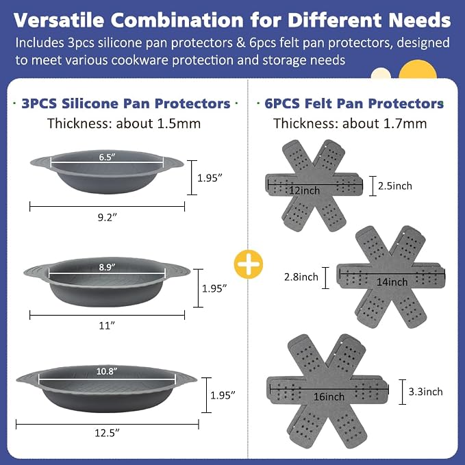 BYKITCHEN 3PCS Silicone Pan Protectors with 6PCS Felt Pot Separators Pads | Cookware Dividers for Stacking and Protecting Your Cookware,Compatible with Hexclad Cookware, Tfal Nonstick Frying Pans &More