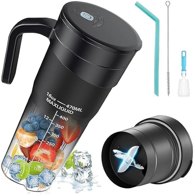 ANLAG 16 oz Rechargeable Portable Blender, USB-C Personal Smoothie Blender with Ultra-Sharp Stainless Steel Blades for Shakes & Protein Drinks (Black)
