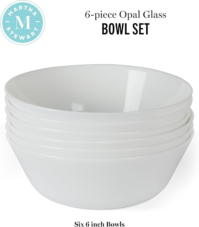 Martha Stewart Opalton 6-Piece 6-Inch Soup and Cereal Bowls – Lightweight, Chip and Break Resistant Opal Glass Bowls for Everyday Use