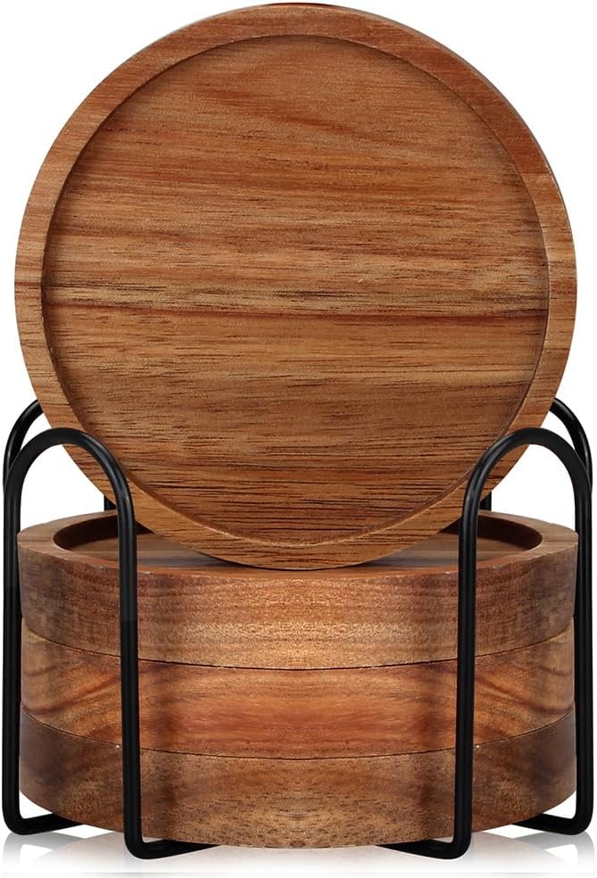 Wood Coasters Set of 4 Farmhouse Outdoor Coster for Drink Patio Table Decor | Cute Wooden Coaster with Holder Rustic Coffee Bar Accessories Kitchen and Dining Room Decoration Aesthetic Cool Cup Coasters