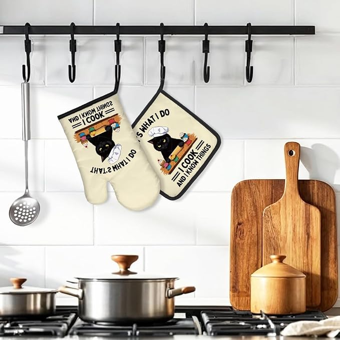 DYJYBMY Time to Make The Biscuits Funny Cat Oven Mitts and Pot Holder Set, Cute Kitchen Gadgets for Women Cat Lover, Housewarming Gifts for Hostess Cat Mom Wife Sister BFF (Baroque)
