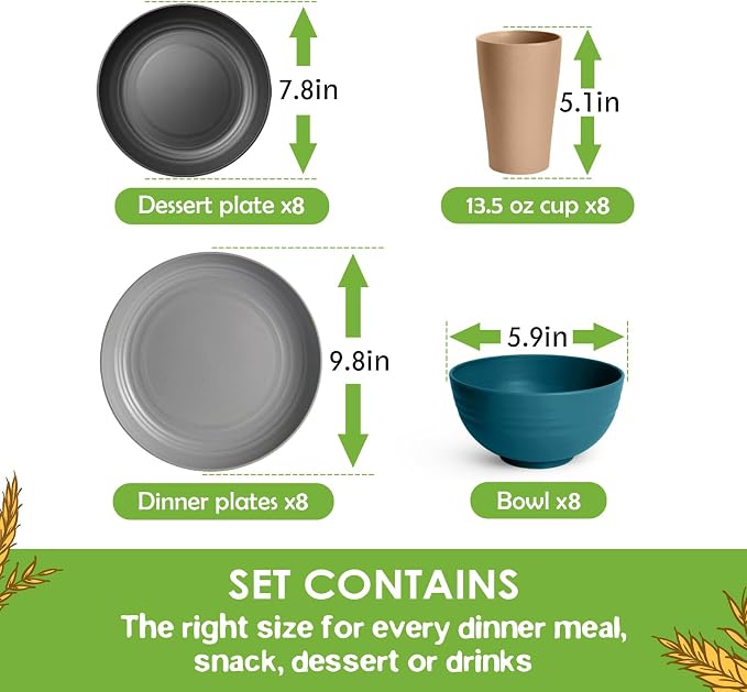Teivio 32-Piece Plates and Bowls Sets for 8, Cerulean Hues Dinnerware Sets | 13.5oz Cups, Plastic Wheat Straw Unbreakable Dish Set, Dishwasher Safe, for Outdoor Camping RV Apartment Essentials Plate Set