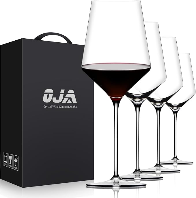 OJA Wine Glasses Set, Crystal Red Hand Blown Wine Glass, Set of 4, 17 oz | Long Stem, Thin Rim, Large, Tall, Premium, Perfect for Red or White, Daily Use, Unique Wedding Anniversary or Birthday Gift