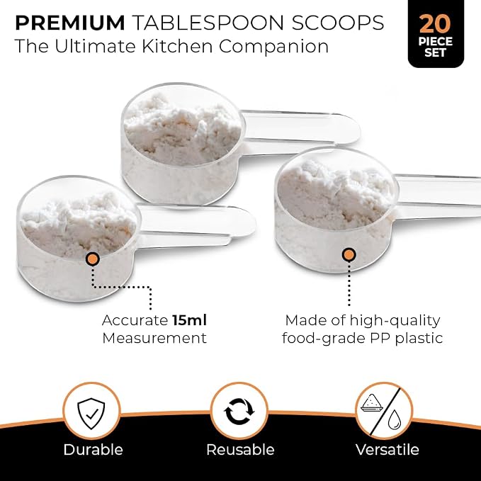 20 Pack Tablespoon Measuring Spoons, 1 Tbsp (15 mL) Plastic Coffee Scoops | Clear short-handle 1 tbsp scoops for coffee, loose tea, protein powder, spices, baking ingredients, and powdered supplements.