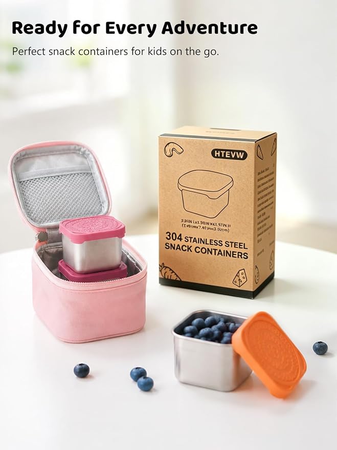HTEVW 6 Pack Stainless Steel Snack Containers for Kids, 6 oz Food Container | Reusable leak resistant silicone lids food containers . Perfect for school lunch, daycare, travel and portion control.