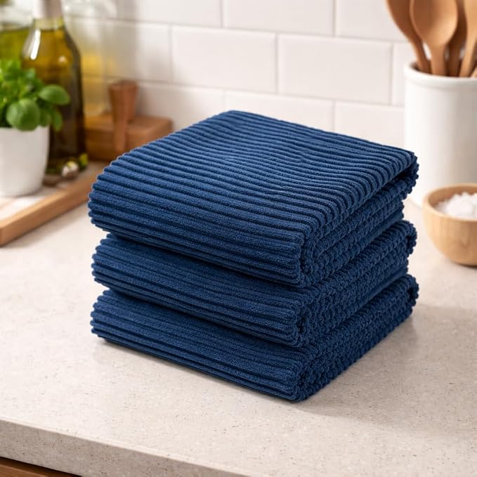 Royal Navy Blue Kitchen Hand Dish Towels, Set of 3, 100% Cotton, 18" x 28" | Terry Loop Ribbed Textured, Soft & Absorbent Cleaning Cloth, Quick Dry, Multipurpose for Everyday Use