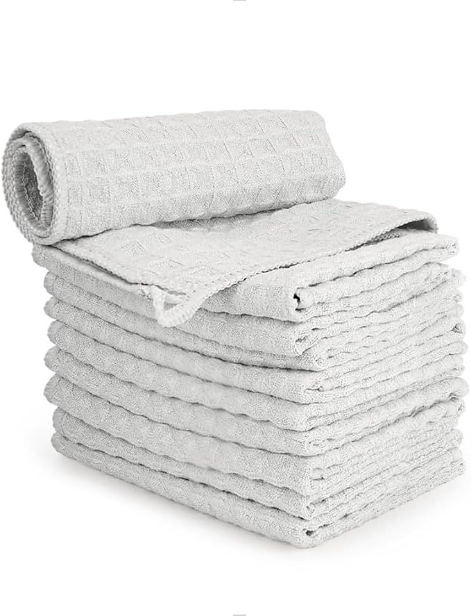 watchget Microfiber Cleaning Cloth,Barista Micro Towels 10 Pack Light Grey | Professional 12"x12" Lint-free Rags;Waffle Weave;Highly Absorbent Cleaning Towels for Espresso Steam Wands&Coffee Counters