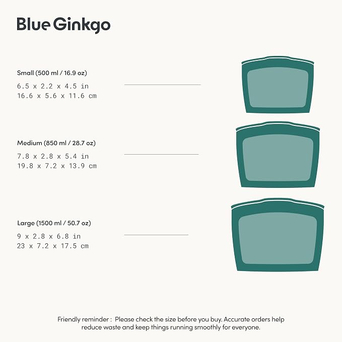 Blue Ginkgo Silicone Food Storage Bags, 3-Pack, Reusable, Made in Korea | Leakproof. Stand Up. Freezer and Dishwasher Safe. (Forest Green)