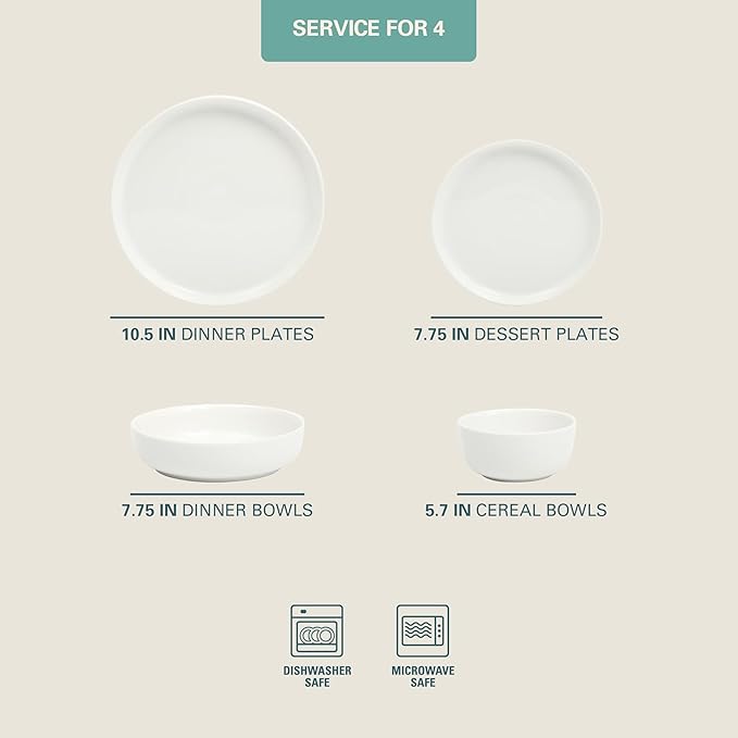 Gibson Home Plates and Bowls Sets - Dinnerware Set for 4, 16-Piece White Dishes — Ceramic Dish Set| Microwave & Dishwasher Safe Dishes - Oslo Collection