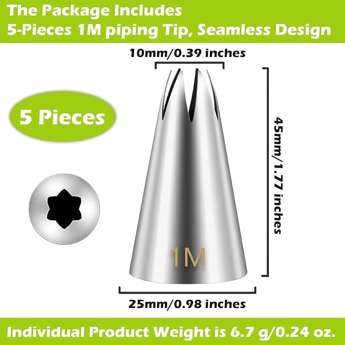 Suuker 1M Piping Tips Set, 5-Piece Large Star Cake Decorating Tips | 5 Matching 1M Large Star Tips for Swirls, Rosettes, Shells and Borders on Cakes, Cupcakes and Cookies
