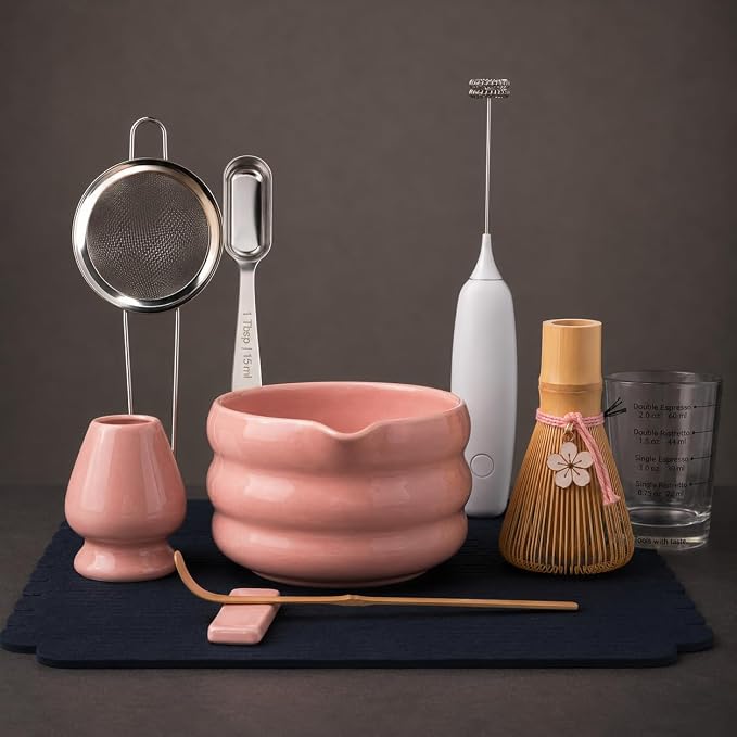 BARISTA EMPEROR® MATCHA WHISK SET PREMIUM 11pcs - Professional Matcha Kit Set with Matcha Bowl, Matcha Whisk, Milk Frother, Spoon, Sifter, Scoop, Stand, Cup, Mat - Aesthetic Pink Matcha Set Kit