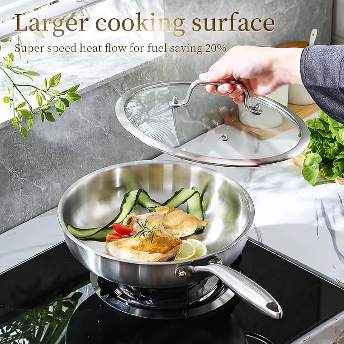DELARLO Tri-Ply Stainless Steel Pan,18/10, 8",10" | Nontoxic Durable Oven Safe 800℉ All Cooktops Compatible Fast Even Heat PFOA Free Large Frying Pan Nontoxic Cookware