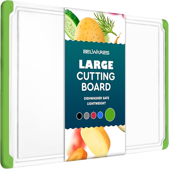 Extra Large Plastic Cutting Board for Kitchen - 18 Inch Dishwasher Safe Chopping Board, Reversible Cutting Board with Juice Groove + Non Slip Feet for Meat, Fruit, Vegetables, Green - by Belwares