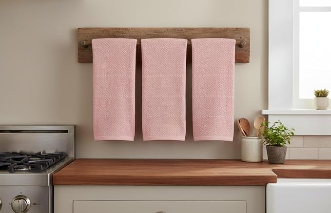 Light Pink Kitchen Hand Dish Towels, Set of 3, 100% Cotton, 18" x 28" | Terry Loop Textured, Soft & Absorbent Cleaning Cloth, Quick Dry, Multipurpose for Everyday Use