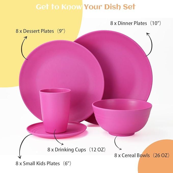 40-Piece Kitchen Plastic Wheat Straw Dinnerware Set, Dish Set for 8, Dinner Plates, Dessert Plate, Cereal Bowls, Cups, Appetizer Plates,Unbreakable Plastic Outdoor Camping Dishes,Pink