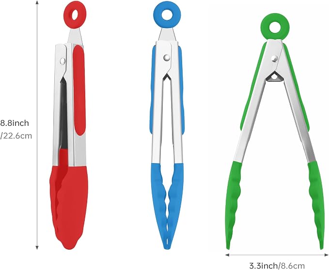 7-Inch Silicone Tongs Pack of 3, Small Tongs with Silicone Tips for Cooking, Barbecue, Buffet Serving (7", RGB)
