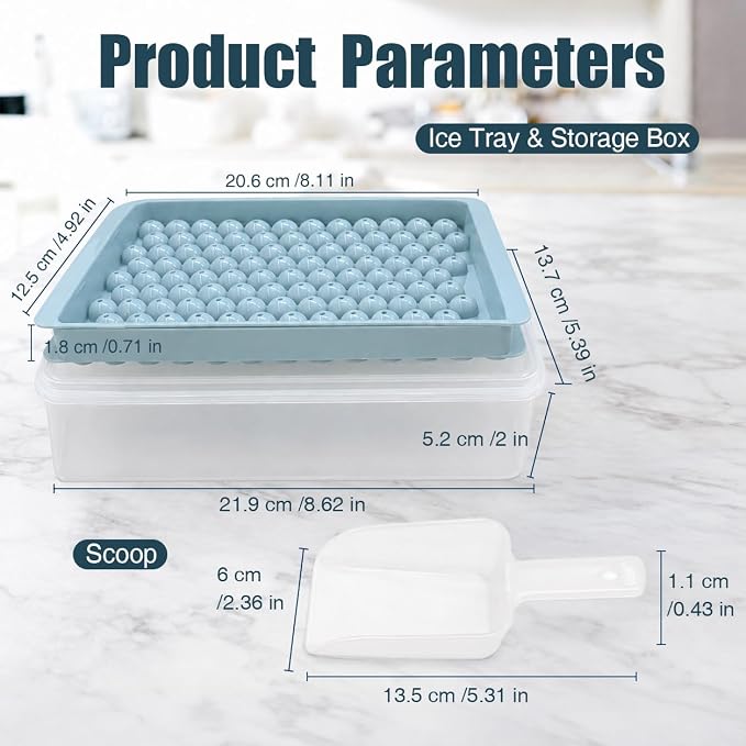 Mini Ice Cube Trays for Freezer with Lid, 0.55" Pebble Ice | 2 Trays-Blue, with Ice Box & Scoop. for Iced Coffee, Bottles, Juice & Everyday Drinks, Easy Twist Release, Stackable