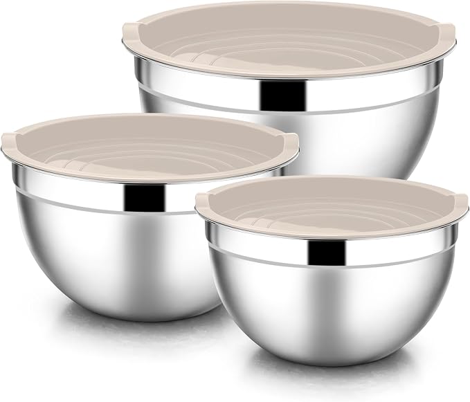 E-far Mixing Bowls with Lids Set, 6-Piece Stainless Steel Salad Bowls | Metal Nesting Cooking Bowls with Airtight Lid for Kitchen Storage, Baking & Prepping, Dishwasher Safe, 1.5/3/4.5 QT, Khaki