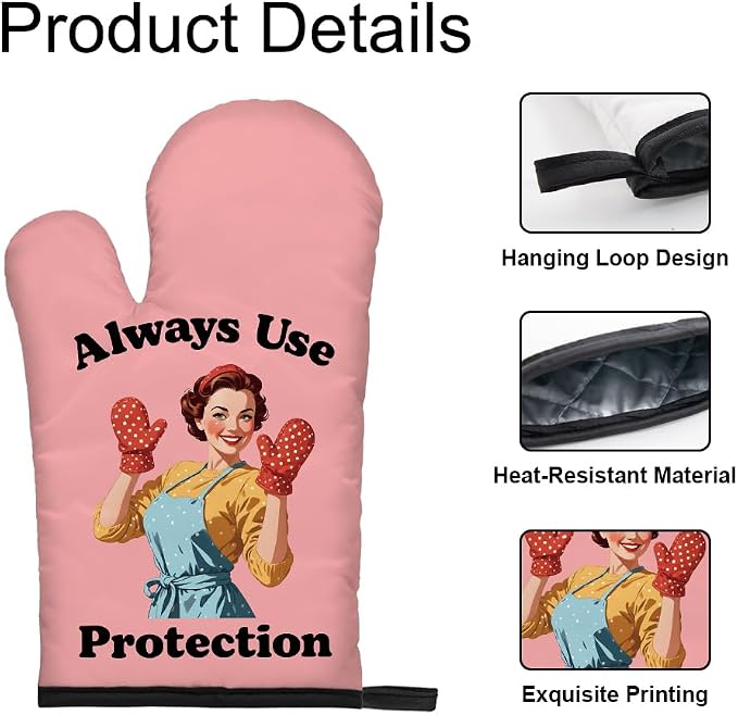 DYJYBMY Always Use Protection Funny Oven Mitts and Pot Holder Set, Retro Housewife Kitchen Gadgets for Women, Baking Gifts for Bake Lover Chef Friend, Hostess Gifts for Mom Wife Aunt Sister BFF