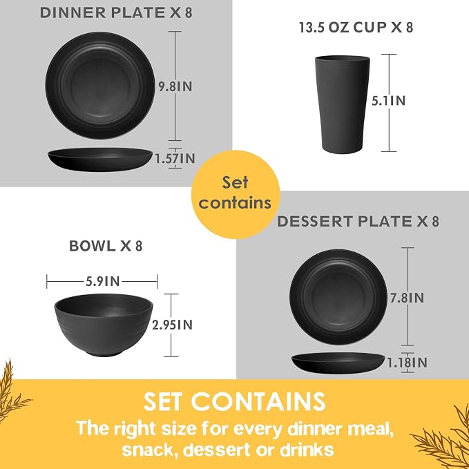 Teivio 32-Piece Plates and Bowls Sets for 8, Black Kitchen Dinnerware Sets | 13.5oz Cups, Plastic Wheat Straw Unbreakable Dish Set, Dishwasher Safe, for Outdoor Camping RV Apartment Essentials Plate Set