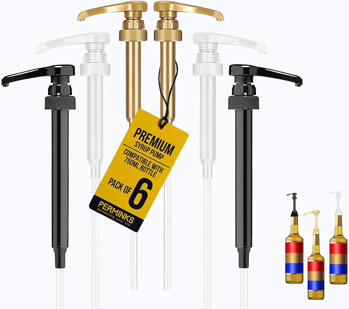 Premium Syrup Pump Compatible w/Torani 750 ml Bottle, Davinci Syrups - No Spill, No Clog Syrup Pump Dispenser for Vanilla, Snow Cone, Coffee Flavoring & More (Pack of 6, Black, White & Gold)