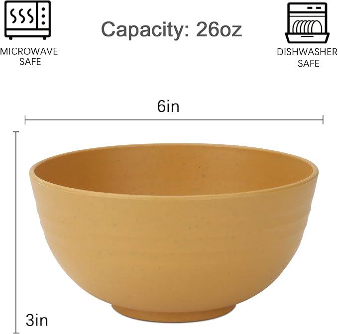 Unbreakable Cereal Bowls, Wheat Straw Bowl Set 8 PCS, Microwave and Dishwasher Safe Bowl for Soup, Cereal, Salad, Snack, Rice, Reusable Plastic Bowls for Kitchen, RV, Gathering (Yellow,26 OZ)