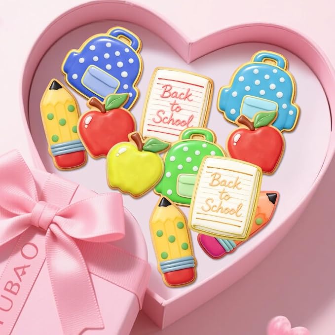 Back to School Cookie Cutters, 4 Pcs Stainless Steel Themed Shapes with School Bag Book Apple Pencil Cookie Cutter Sets Biscuit Molds Cake Cheese Fruit Cutter for DIY Home Classroom Baking Kit