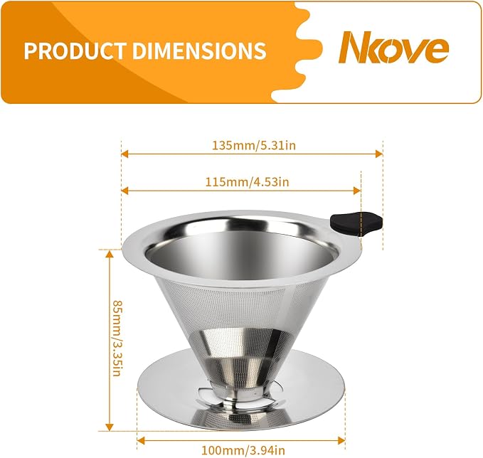 NKOVE Pour Over Coffee Dripper Stainless Steel Reusable Filter Coffee Maker | Reusable Metal Cone Filter, Fine Mesh Stainless Steel, Home Pour Over Brewing, Paperless Coffee Filter