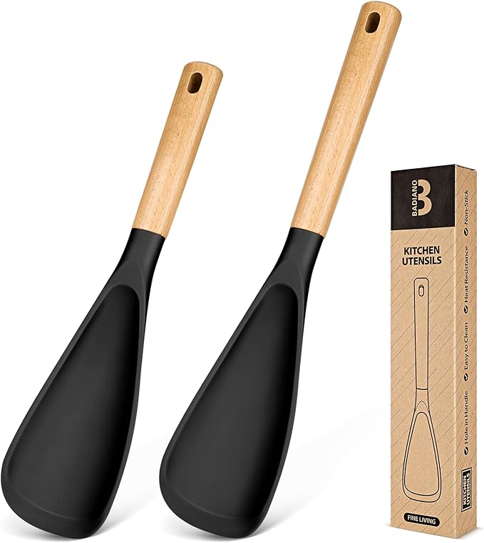 Multifunction Spoon for Nonstick Cookwares, Great for Cooking and Serving, Sturdy BPA-Free Matte Silicone, Wood Handle Spoonula for Mixing, Scoop, and Scrape, Black(2 pack,11.4" & 13.4")