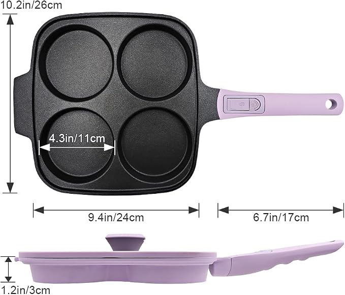 RANX INGST 4-Cup Egg Pan Nonstick with Lid 10 Inch Large Pancake Pan,Purple | Detachable Handle, Omelette Skillet Induction Compatible for Breakfast