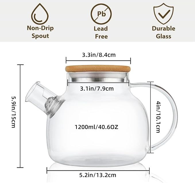 CnGlass Glass Teapot Stovetop Safe,40.6oz Clear Tea pot with Removable Filter Spout,Loose Leaf and Blooming Tea Maker