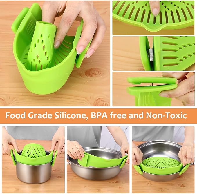 YEVIOR Clip on Strainer for Pots Pan Pasta,Silicone Food Pan Strainer | 2 Pack Food-grade BPA-free,Kitchen Food Strainer for Spaghetti, Pasta,Vegetable Fruits Fits All Bowls and Pots