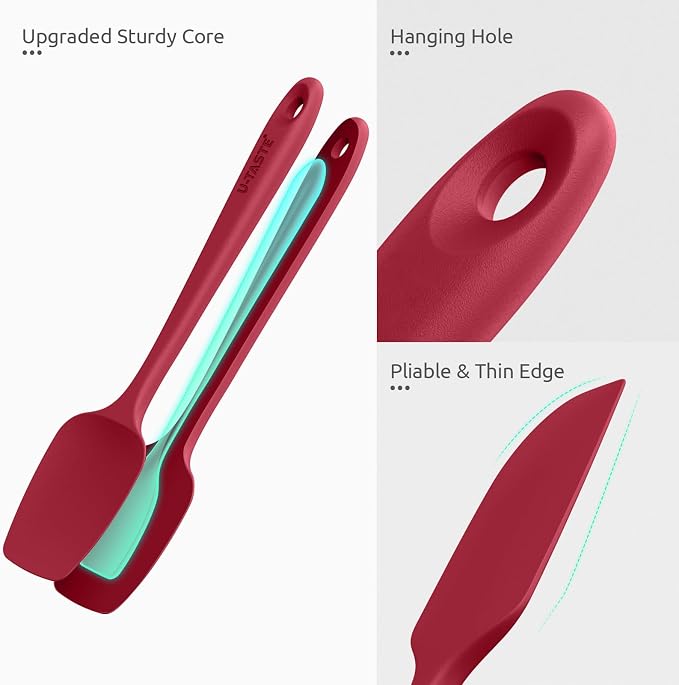 U-Taste Silicone Spatula Set with 600 Degrees Fahrenheit Heat Resistant (Red) | Food Grade Hot-Proof Seamless Rubber Scraper, Kitchen Flexible Silicon Cooking Utensil Set, Diswasher Safe Baking Supplies