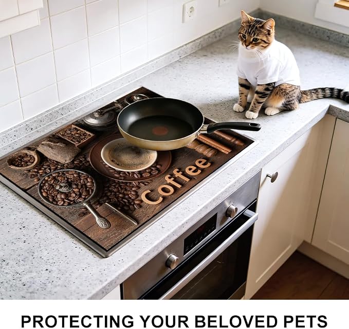 Coffee Stove Top Cover, Cafe Kitchen Decor, 28x20 in | Coffee beans, grinder and espresso cup flatlay on dark wood; flat-printed non-slip mat; protects glass cooktops; 28x20 in