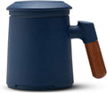 ZENS Tea Mug with Infuser and Lid for Loose Leaf Tea Steeper, 12oz Blue | Embossed Ceramic Tea Cup with Infuser for Herbal Tea Difussers, Tea Lovers Gifts, Nature Wood Handle