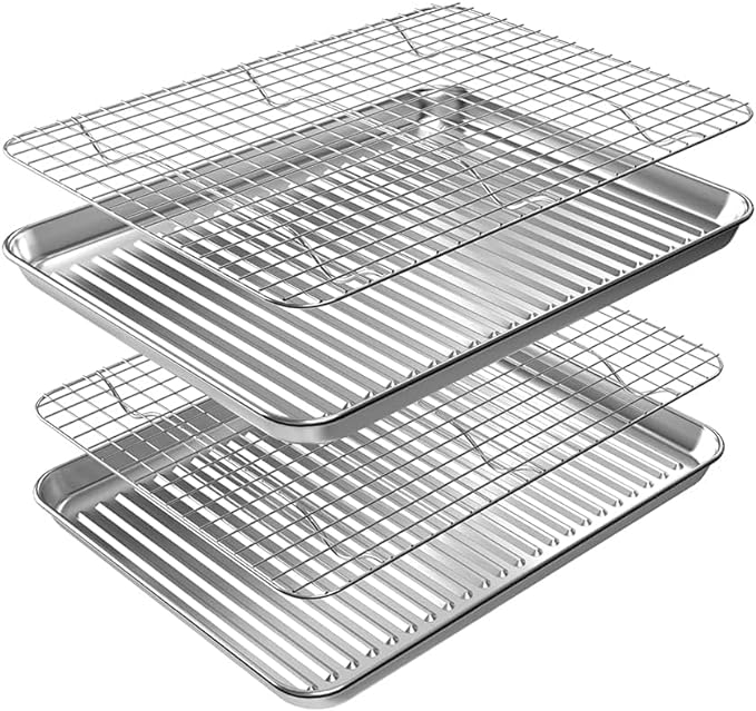 Quarter Baking Sheet Pan Cooling Rack Set, Stainless Steel 2 Pans + 2 Racks | 12x10x1 Inches Baking Sheet Pan with Nonstick, Warp Resistant, Heavy Duty Design for Baking, Roasting, and Cooking