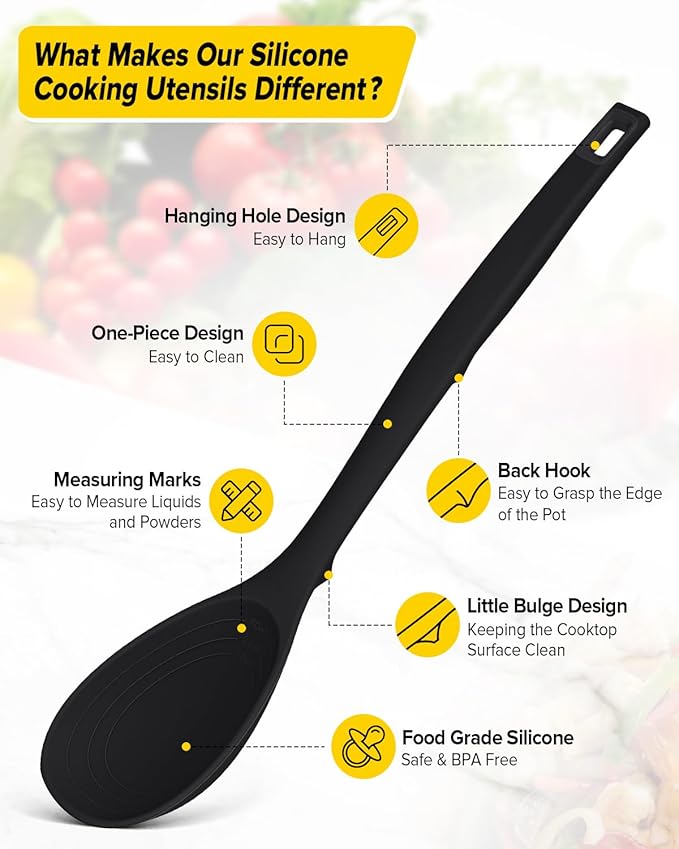 Pack of 2 Silicone Cooking Spoons, Non Stick Solid Kitchen Spoon with Measuring Marks & Back Hooks, Heat Resistant Silicone Slotted Spoon for Cooking, Mixing, Stirring,Serving (BLACK)