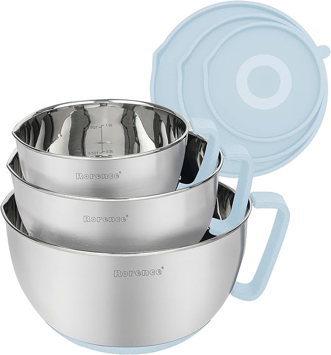 Stainless Steel Mixing Bowls Set with Lids,1.5,3 & 5 Qt,Light Blue | Non-Slip Silicone Base,Precision Pour Spout,Ergonomic Easy-Grip Handle,Measurement Marks,Airtight Lids,Cooking & Meal Prep