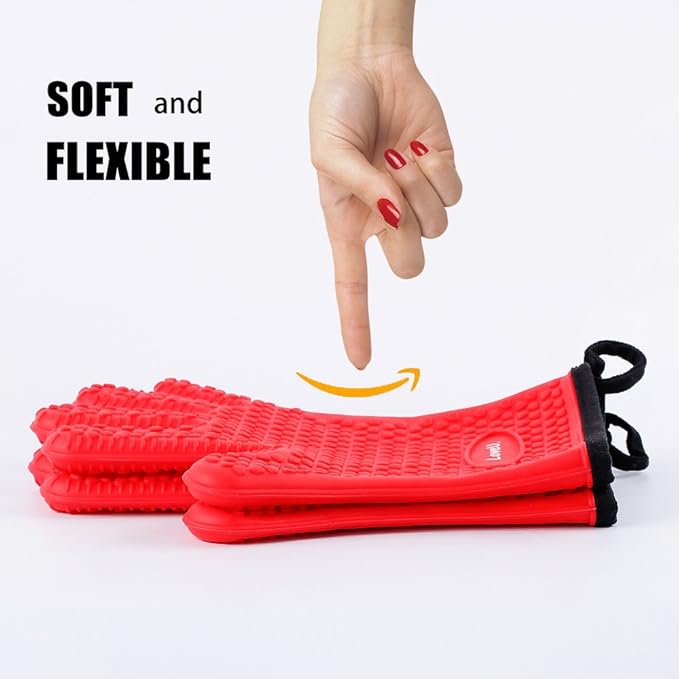 Silicone Oven Mitts Gloves - Heat Resistant, Non-Slip for BBQ, Grilling | 450°F Double-Layer｜Waterproof Kitchen Cooking Barbecue Mittens ｜5 Finger Hot Mitt for Baking, Smoker& Cast Iron(One Size)