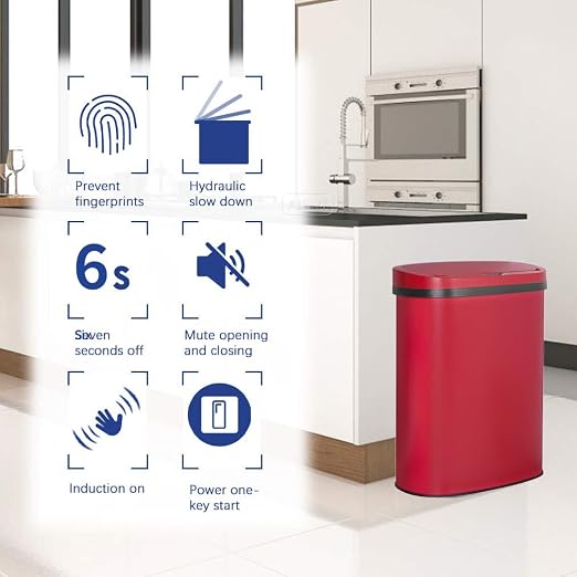 BestOffice | 13 Gallon Stainless Steel Trash Can with Lid | Red | Automatic Touchless Garbage Can | Odor Control | Modern Oval Design | Easy to Clean | For Kitchen, Bathroom, Office or Home