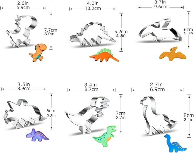 hitsuki Dinosaur Cookie Cutters,Stainless Steel Metal Fun Dino Cookie Cutter for Kids Dinosaur Pancake Molds,6 Pcs