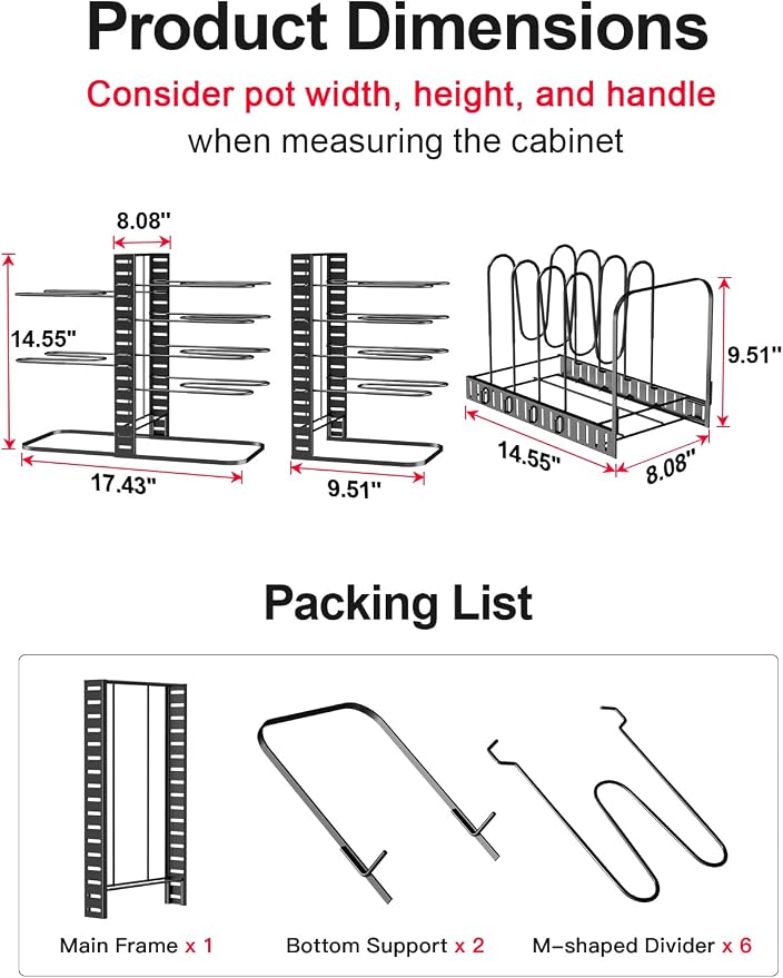 MUDEELA 8-Tier Lightweight Pots and Pans Organizer under Cabinet, 14.55" H | 3 DIY Methods, Adjustable pot rack, Fits 6"-11" pots and pans, Pot lid organizer inside cabinet, Kitchen storage