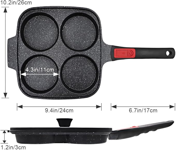 RANX INGST 10 inch Large Egg Pan with Lid, Nonstick 4-Cup Pancake Pan,Black | Omelette Skillet with Detachable Handle Induction Compatible