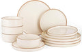 Famiware Nebula 12-Piece Dinnerware Set, Vanilla White with Brown Rim | Stoneware Dish Set for 4, Plates and Bowls, Microwave and Dishwasher Safe, Chip and Scratch Resistant
