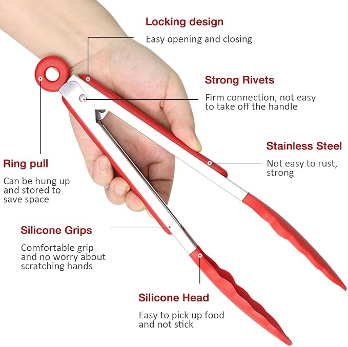 9 Inch Cooking Tongs with Silicone Tips Set of 3(Red) | Stainless Steel Handle, Non-Scratch, Heat Resistant