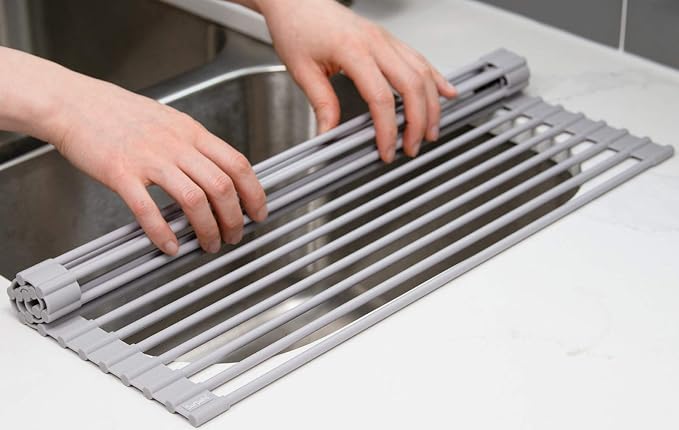 20.5 x 15.5 Inch Roll-Up Dish Drying Rack, Fits Across Sink Openings up to 19.5 Inches, Heavy-Duty Premium Silicone, Strong Support, Non-Slip, Heat-Resistant, Warm Gray