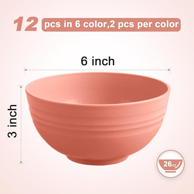 HEYCOME 12 Pcs Unbreakable Cereal Bowls Set, 26 Oz Wheat Straw Bowls Set, Microwave & Dishwasher Safe Bowls for Kitchen, Reusable Plastic Bowls for Soup, Salad and Snack, BPA Free, Multicolor