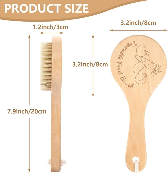 Long Handle Vegetable Scrubber, Veggie Fruit Potato Brush | Firm Bristles, Hanging Rope Wood Veggie Wash Scrubber, Carrot Cucumber Corn Tableware Cleaning, Kitchens Camping Brush Tool