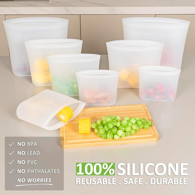 100% Silicone Reusable Storage Bag, 9 Pack Stand-Up Wide-Mouth Zip-Lock Food Storage Bags, Easy-Fill Easy-Open Easy-Clean Space-Saving, Microwave & Dishwasher Safe, Gallon/Sandwich/Snack, Translucent